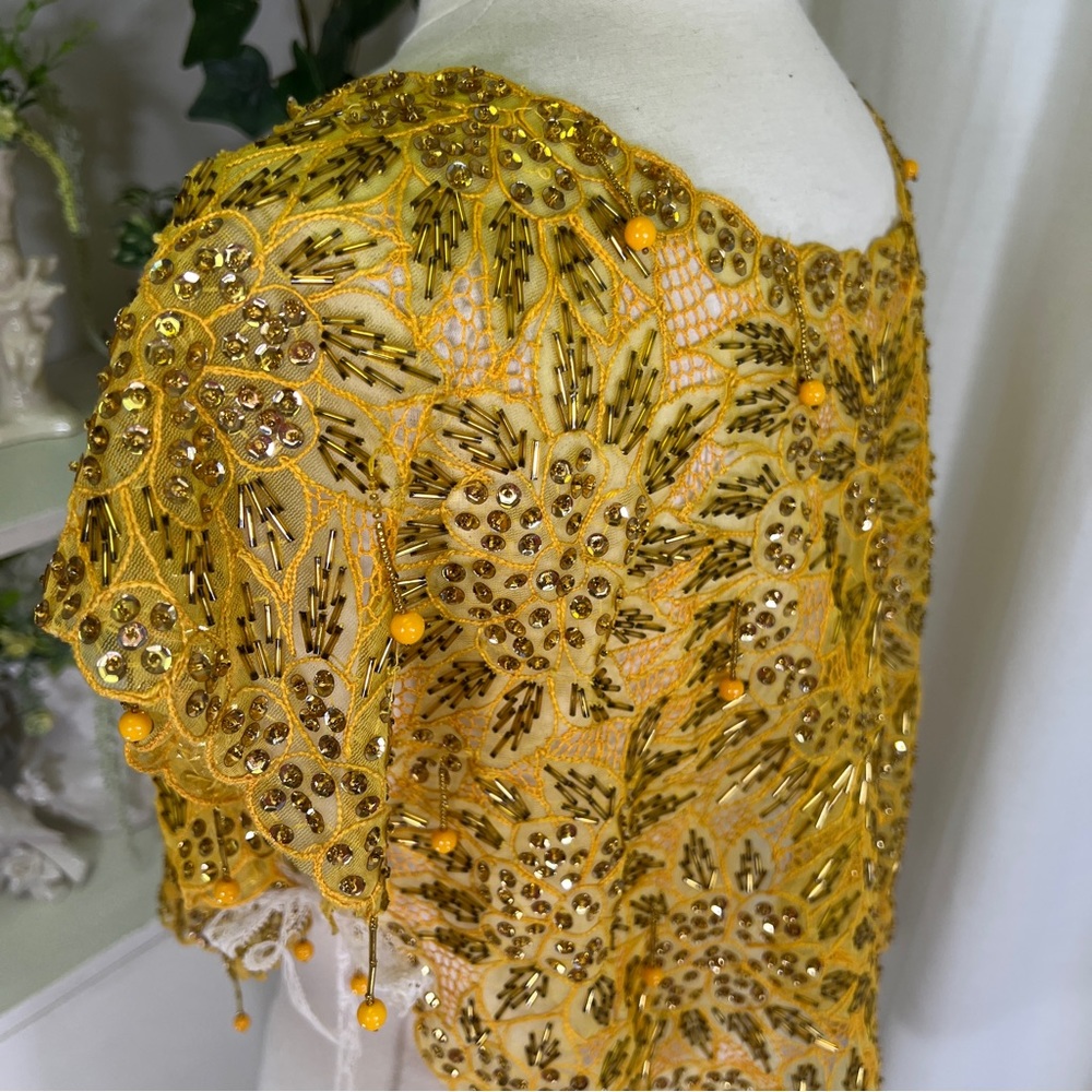 Vintage Funky Yellow Beaded Tie On Top Blouse - Picture 7 of 11